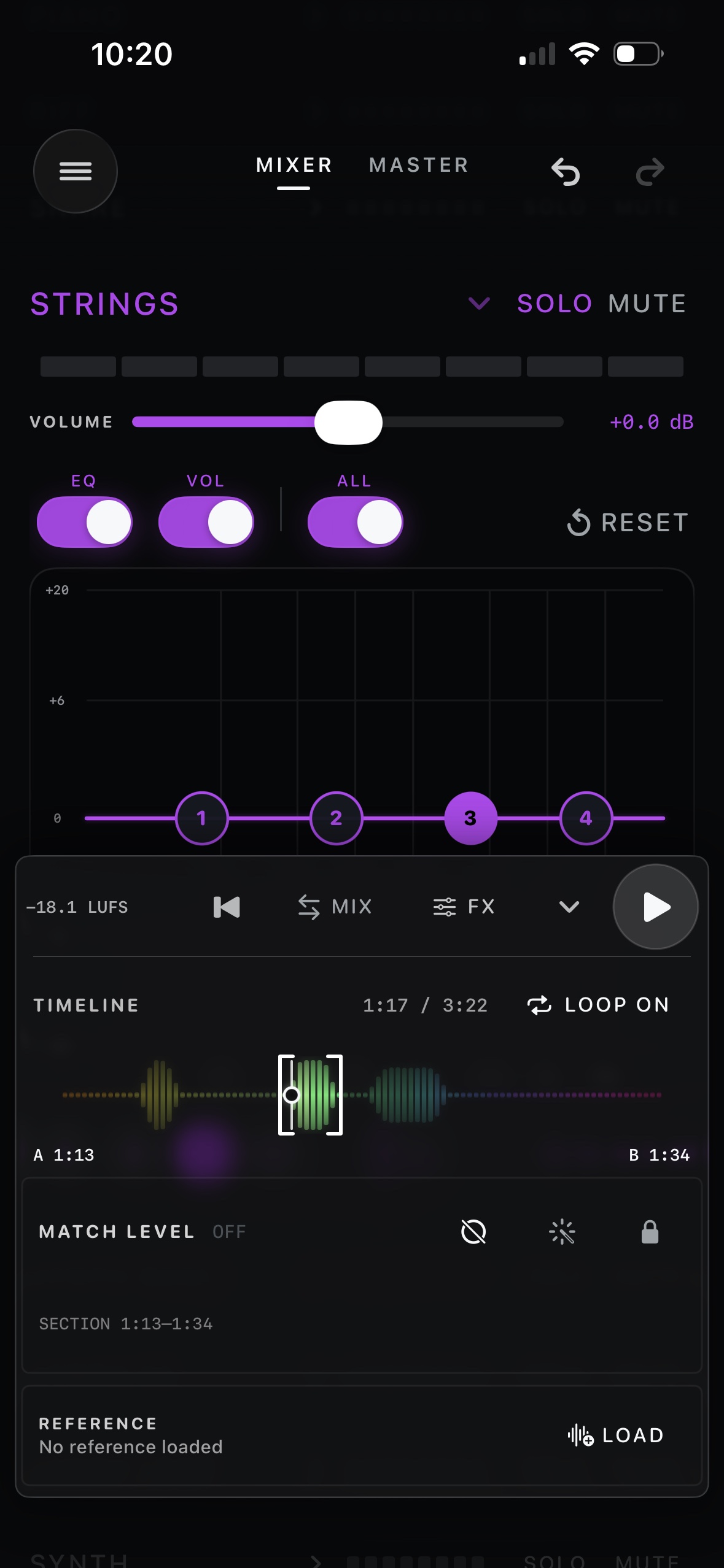 AB:X expanded transport with waveform, loop controls, level matching, and reference loading.