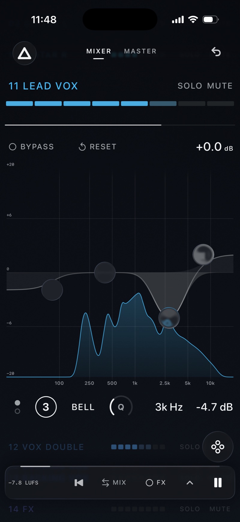 Lead vocal EQ, band 3 cutting 4.7 dB at 3 kHz over the stem's live spectrum