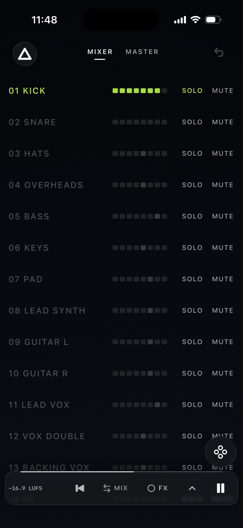 Mixer with KICK soloed; every other stem's meter is dark