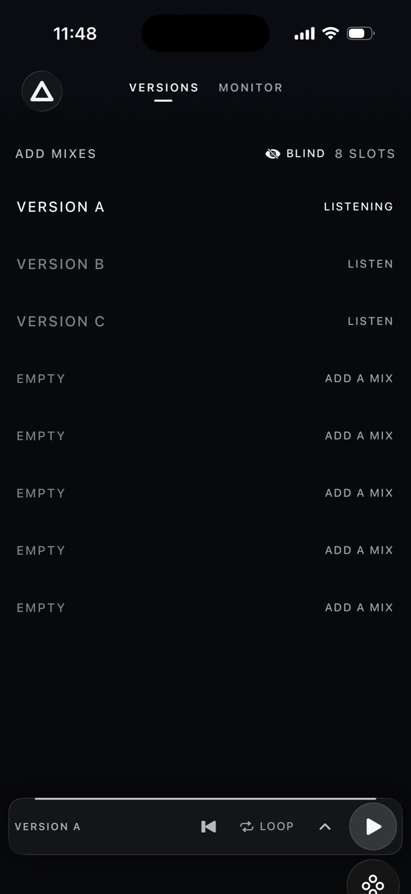 Version compare with BLIND on: the rows read VERSION A, B and C