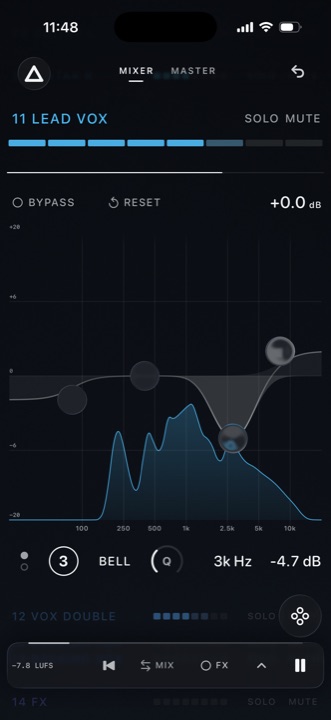 A four-band EQ on the lead vocal, over its live spectrum.