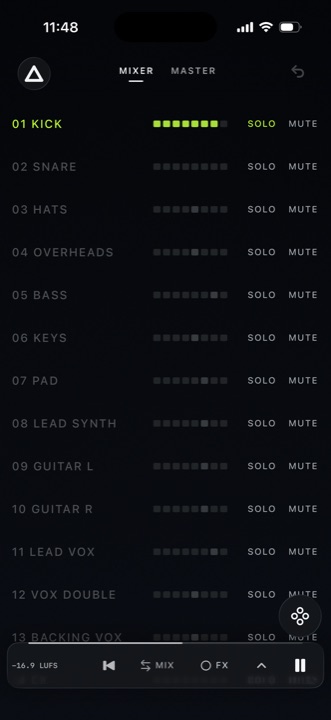 The kick soloed; every other meter is dark.